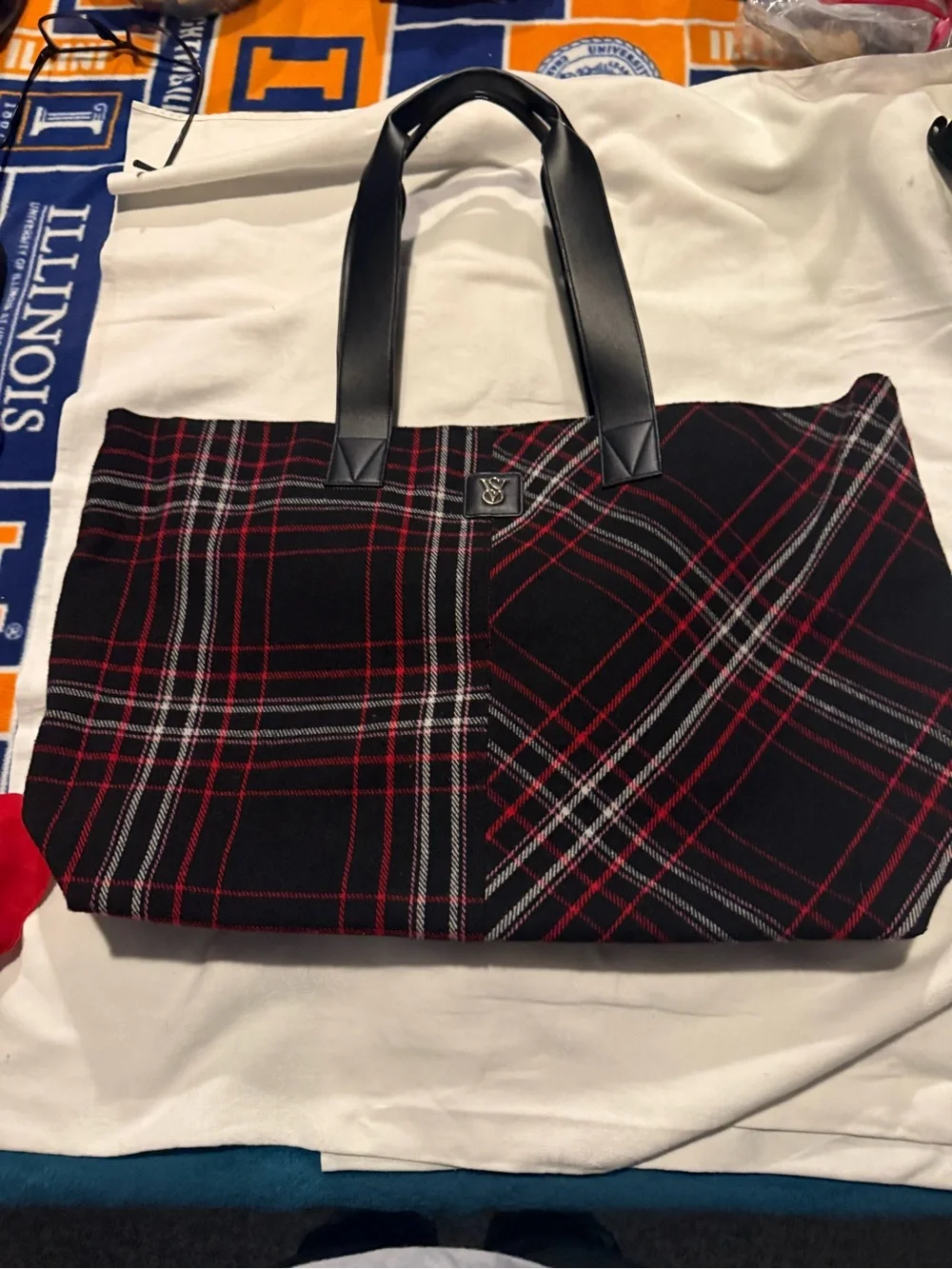 Victoria’s Secret Plaid Tote Bag Large Red Black Check Shopper Travel